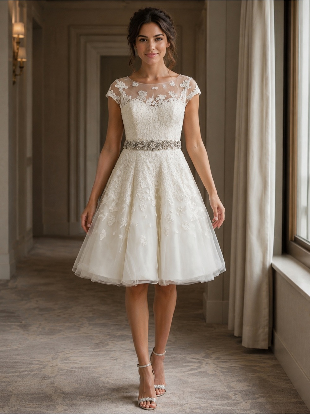 NWT Oleg Cassini CMK513 Ivory Lace Tea Length Wedding Dress Size 8